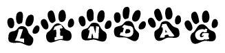 The image shows a series of animal paw prints arranged in a horizontal line. Each paw print contains a letter, and together they spell out the word Lindag.