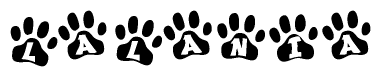 The image shows a series of animal paw prints arranged in a horizontal line. Each paw print contains a letter, and together they spell out the word Lalania.