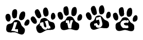 The image shows a series of animal paw prints arranged horizontally. Within each paw print, there's a letter; together they spell Luvjc