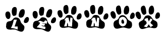 The image shows a series of animal paw prints arranged horizontally. Within each paw print, there's a letter; together they spell Lennox