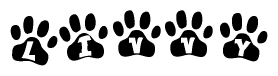 The image shows a series of animal paw prints arranged horizontally. Within each paw print, there's a letter; together they spell Livvy