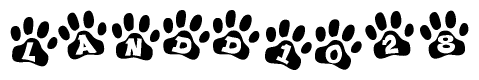 The image shows a series of animal paw prints arranged in a horizontal line. Each paw print contains a letter, and together they spell out the word Landd1028.