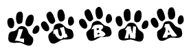 The image shows a row of animal paw prints, each containing a letter. The letters spell out the word Lubna within the paw prints.