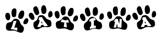 The image shows a series of animal paw prints arranged in a horizontal line. Each paw print contains a letter, and together they spell out the word Latina.