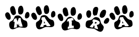 The image shows a series of animal paw prints arranged in a horizontal line. Each paw print contains a letter, and together they spell out the word Maira.
