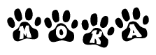 The image shows a series of animal paw prints arranged horizontally. Within each paw print, there's a letter; together they spell Moka