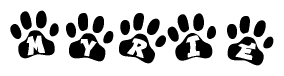 The image shows a series of animal paw prints arranged in a horizontal line. Each paw print contains a letter, and together they spell out the word Myrie.