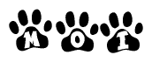 The image shows a series of animal paw prints arranged horizontally. Within each paw print, there's a letter; together they spell Moi