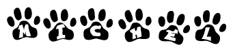 The image shows a series of animal paw prints arranged in a horizontal line. Each paw print contains a letter, and together they spell out the word Michel.