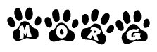 The image shows a series of animal paw prints arranged in a horizontal line. Each paw print contains a letter, and together they spell out the word Morg.