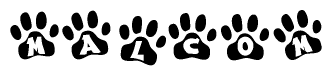 The image shows a series of animal paw prints arranged horizontally. Within each paw print, there's a letter; together they spell Malcom