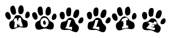 The image shows a series of animal paw prints arranged horizontally. Within each paw print, there's a letter; together they spell Mollie