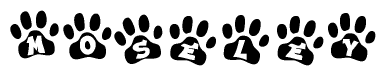 The image shows a series of animal paw prints arranged horizontally. Within each paw print, there's a letter; together they spell Moseley