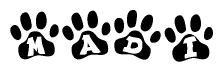 The image shows a series of animal paw prints arranged horizontally. Within each paw print, there's a letter; together they spell Madi