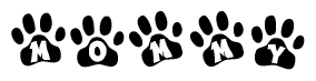 The image shows a row of animal paw prints, each containing a letter. The letters spell out the word Mommy within the paw prints.