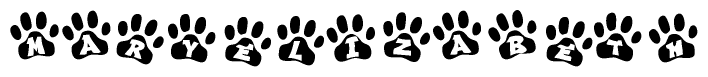 The image shows a series of animal paw prints arranged in a horizontal line. Each paw print contains a letter, and together they spell out the word Maryelizabeth.