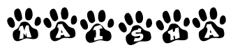 The image shows a row of animal paw prints, each containing a letter. The letters spell out the word Maisha within the paw prints.
