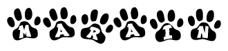 The image shows a series of animal paw prints arranged in a horizontal line. Each paw print contains a letter, and together they spell out the word Marain.