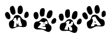 The image shows a series of animal paw prints arranged in a horizontal line. Each paw print contains a letter, and together they spell out the word Meka.