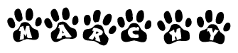 The image shows a series of animal paw prints arranged in a horizontal line. Each paw print contains a letter, and together they spell out the word Marchy.