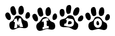 The image shows a row of animal paw prints, each containing a letter. The letters spell out the word Mido within the paw prints.