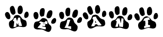 The image shows a row of animal paw prints, each containing a letter. The letters spell out the word Melani within the paw prints.