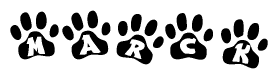 The image shows a row of animal paw prints, each containing a letter. The letters spell out the word Marck within the paw prints.