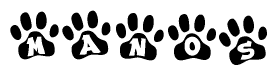 The image shows a row of animal paw prints, each containing a letter. The letters spell out the word Manos within the paw prints.