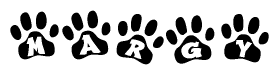 The image shows a row of animal paw prints, each containing a letter. The letters spell out the word Margy within the paw prints.