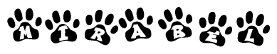 The image shows a series of animal paw prints arranged horizontally. Within each paw print, there's a letter; together they spell Mirabel