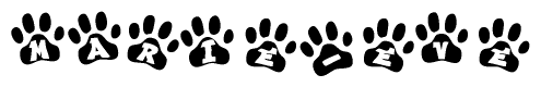 The image shows a series of animal paw prints arranged in a horizontal line. Each paw print contains a letter, and together they spell out the word Marie-eve.