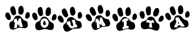 The image shows a series of animal paw prints arranged in a horizontal line. Each paw print contains a letter, and together they spell out the word Moumita.
