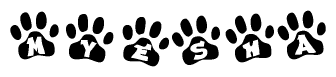 The image shows a series of animal paw prints arranged horizontally. Within each paw print, there's a letter; together they spell Myesha