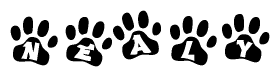 The image shows a row of animal paw prints, each containing a letter. The letters spell out the word Nealy within the paw prints.