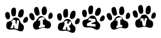 The image shows a row of animal paw prints, each containing a letter. The letters spell out the word Nikziv within the paw prints.