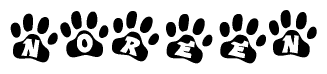 The image shows a series of animal paw prints arranged horizontally. Within each paw print, there's a letter; together they spell Noreen
