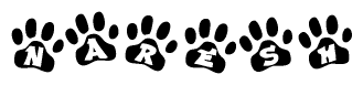The image shows a series of animal paw prints arranged in a horizontal line. Each paw print contains a letter, and together they spell out the word Naresh.