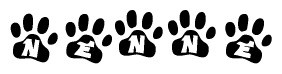 The image shows a series of animal paw prints arranged in a horizontal line. Each paw print contains a letter, and together they spell out the word Nenne.