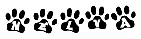The image shows a series of animal paw prints arranged in a horizontal line. Each paw print contains a letter, and together they spell out the word Nelva.