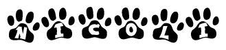 The image shows a row of animal paw prints, each containing a letter. The letters spell out the word Nicoli within the paw prints.