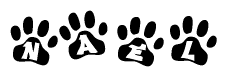 The image shows a row of animal paw prints, each containing a letter. The letters spell out the word Nael within the paw prints.