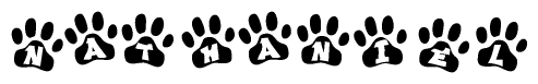 The image shows a row of animal paw prints, each containing a letter. The letters spell out the word Nathaniel within the paw prints.