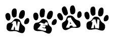 The image shows a series of animal paw prints arranged in a horizontal line. Each paw print contains a letter, and together they spell out the word Nean.
