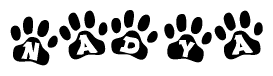 The image shows a series of animal paw prints arranged in a horizontal line. Each paw print contains a letter, and together they spell out the word Nadya.