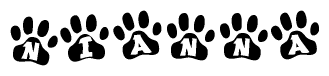 The image shows a series of animal paw prints arranged horizontally. Within each paw print, there's a letter; together they spell Nianna