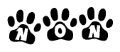 The image shows a row of animal paw prints, each containing a letter. The letters spell out the word Non within the paw prints.