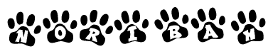 The image shows a series of animal paw prints arranged in a horizontal line. Each paw print contains a letter, and together they spell out the word Noribah.