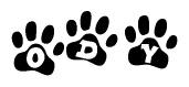 The image shows a series of animal paw prints arranged in a horizontal line. Each paw print contains a letter, and together they spell out the word Ody.