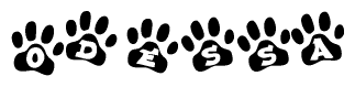 The image shows a row of animal paw prints, each containing a letter. The letters spell out the word Odessa within the paw prints.