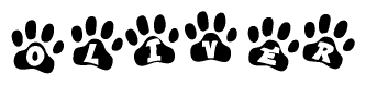The image shows a series of animal paw prints arranged horizontally. Within each paw print, there's a letter; together they spell Oliver
